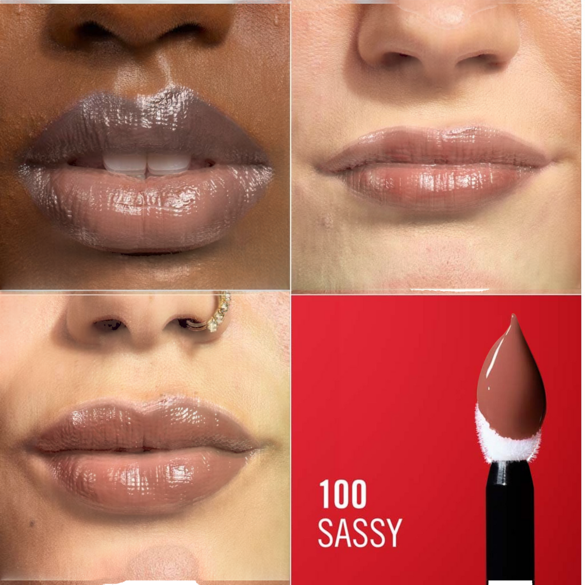 Refect Beauty Rimmel London Thrill Seeker Lip Latex in 100 Sassy, a glossy brown liquid lipstick with high shine.
