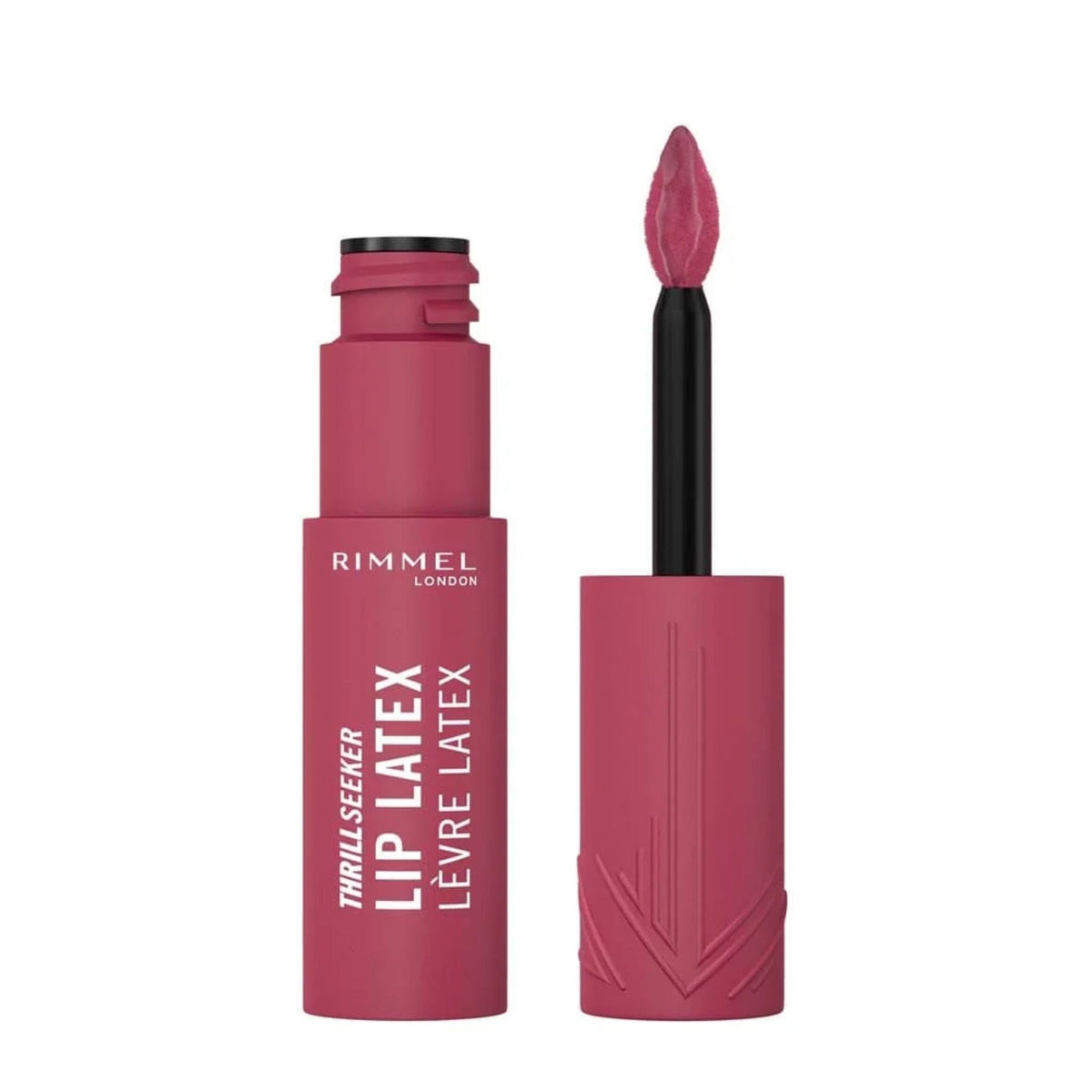 Refect Beauty Rimmel London Thrill Seeker Lip Latex liquid lipstick in a deep pink shade with diamond-shaped applicator