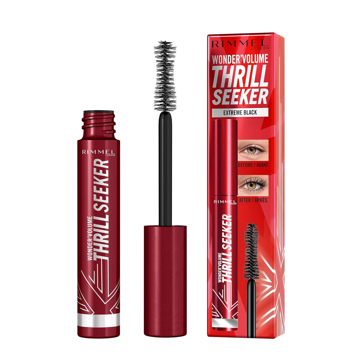 Refect Beauty Rimmel Thrill Seeker mascara in extreme black with hourglass brush and red packaging