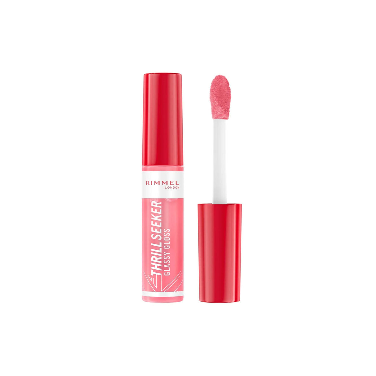 Refect Beauty Rimmel Thrill Seeker Glassy Gloss in a pink shade with a doe-foot applicator and high-shine finish.