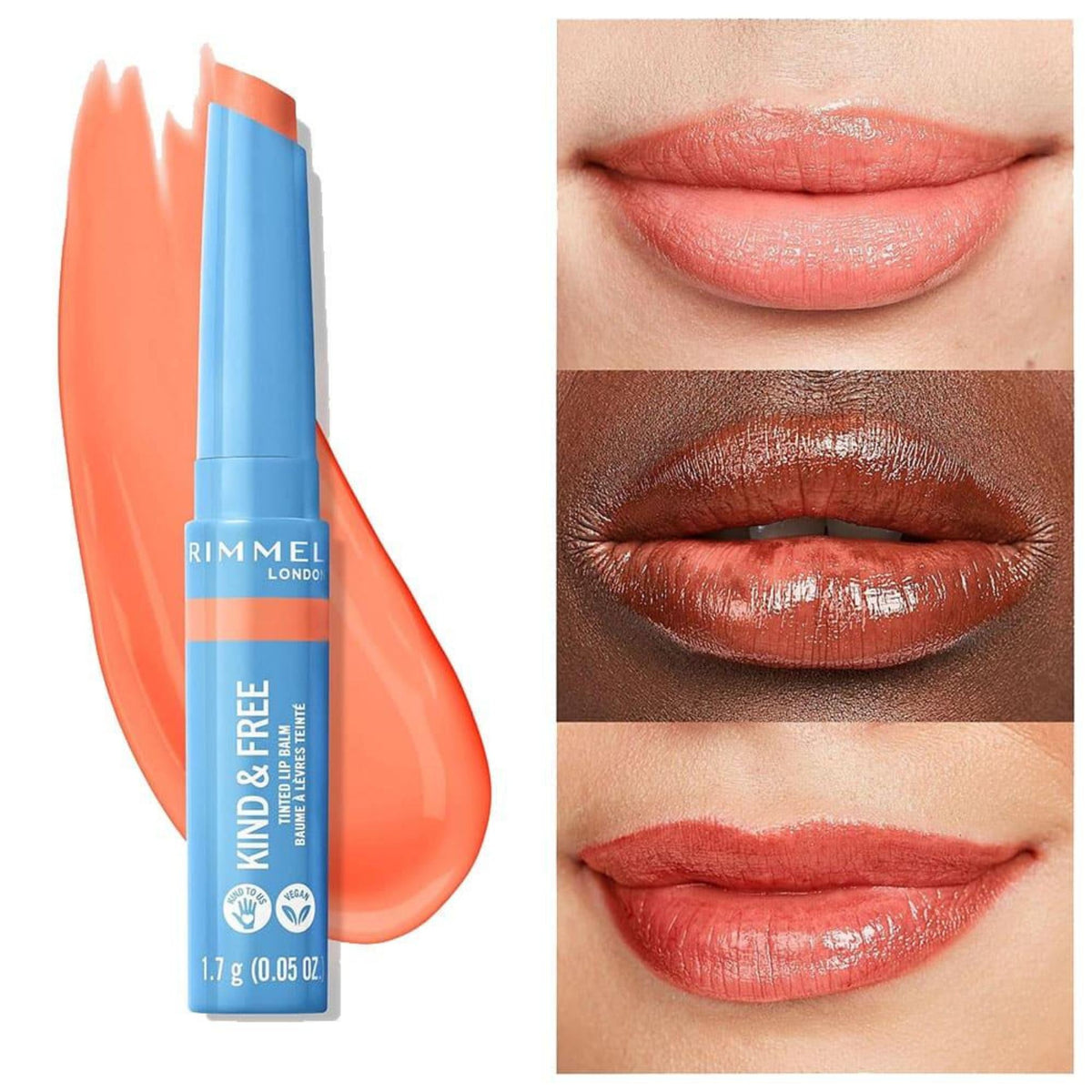 Refect Beauty Rimmel Kind & Free tinted lip balm in coral shade with swatch and application on diverse skin tones