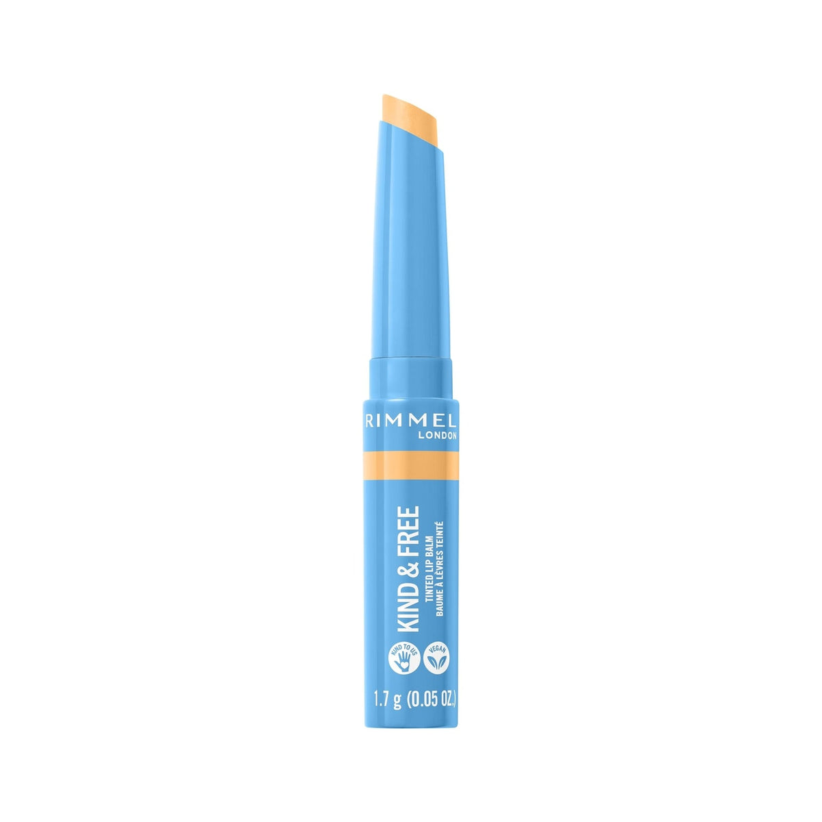 Refect Beauty Rimmel Kind & Free tinted lip balm in a light blue twist-up tube with a sheer peach-toned balm tip.