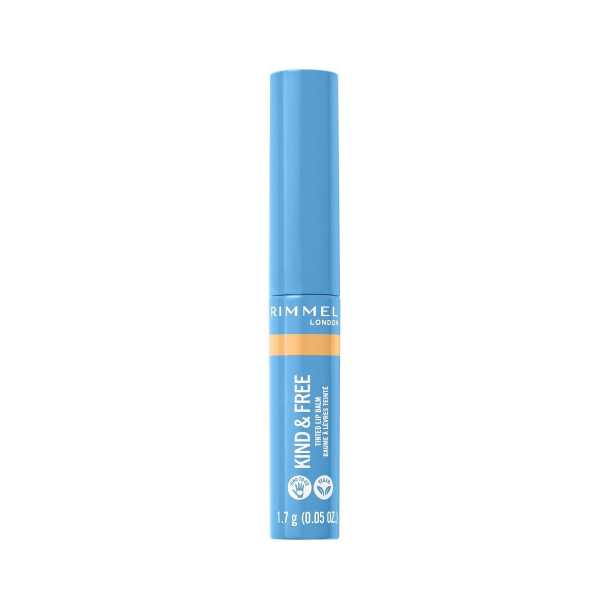 Refect Beauty Rimmel Kind & Free Tinted Lip Balm in a light blue twist-up tube with natural moisturizing formula.