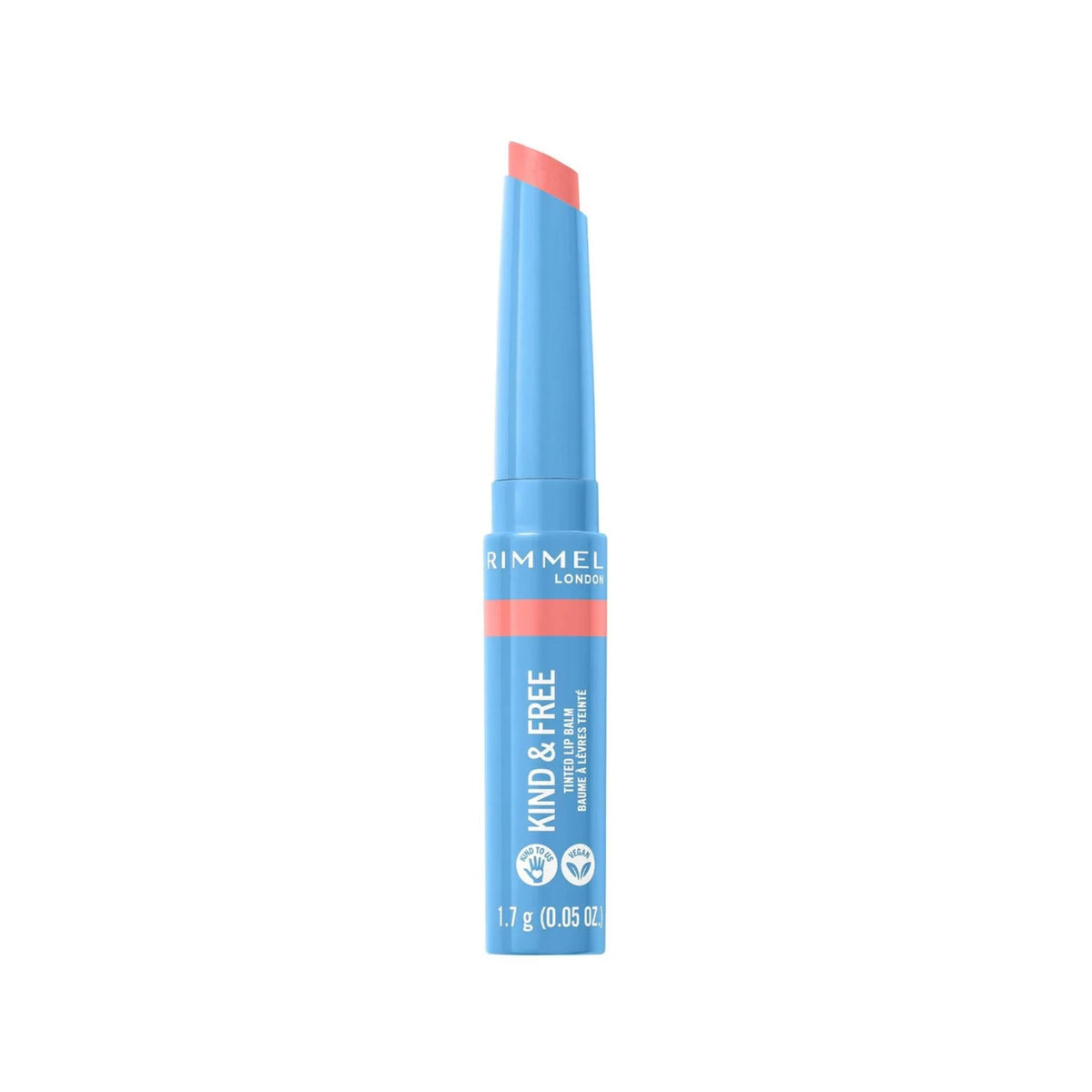 Refect Beauty Rimmel Kind & Free tinted lip balm in a light blue twist-up tube with a soft coral-toned balm tip.