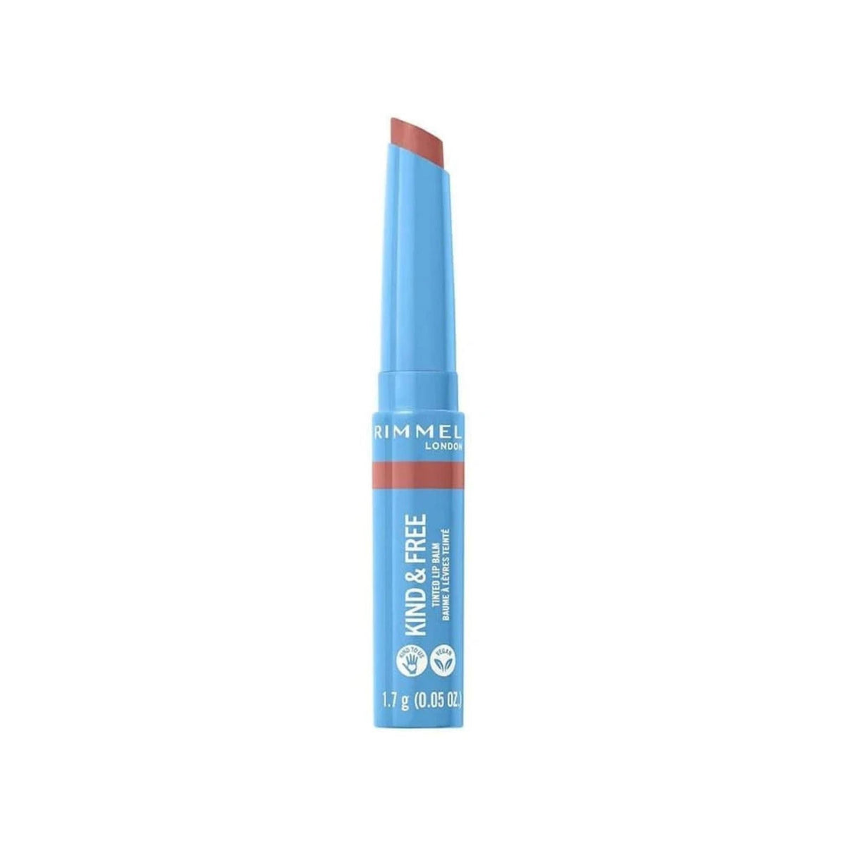 Refect Beauty Rimmel Kind & Free Tinted Lip Balm in a light blue twist-up tube with a natural sheer color finish.