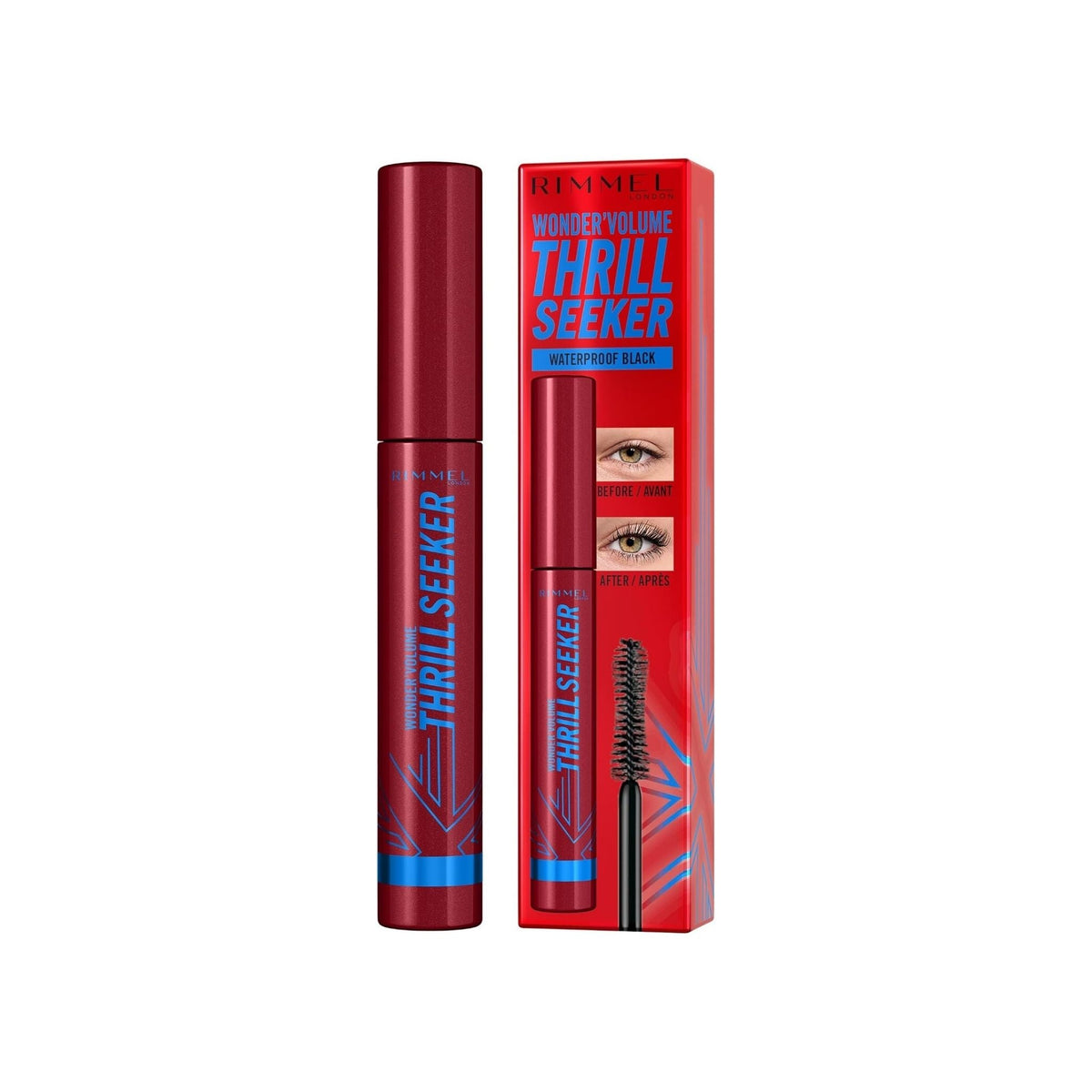 Refect Beauty Rimmel Thrill Seeker waterproof mascara in black with its red packaging and hourglass brush applicator.