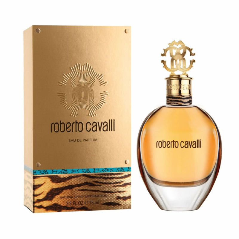 Refect Beauty Roberto Cavalli Eau de Parfum bottle and gold box with animal print and orange blossom floral notes
