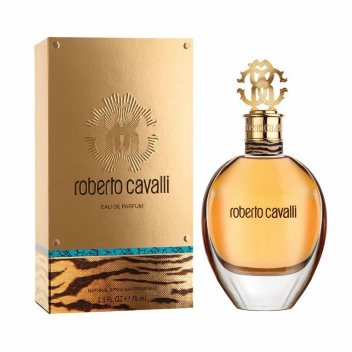 Refect Beauty Roberto Cavalli Eau de Parfum bottle and gold box featuring amber floral fragrance and animal print