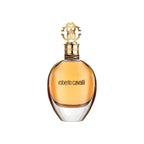 Refect Beauty Roberto Cavalli Eau de Parfum in a rounded glass bottle with a gold logo cap and amber fragrance.
