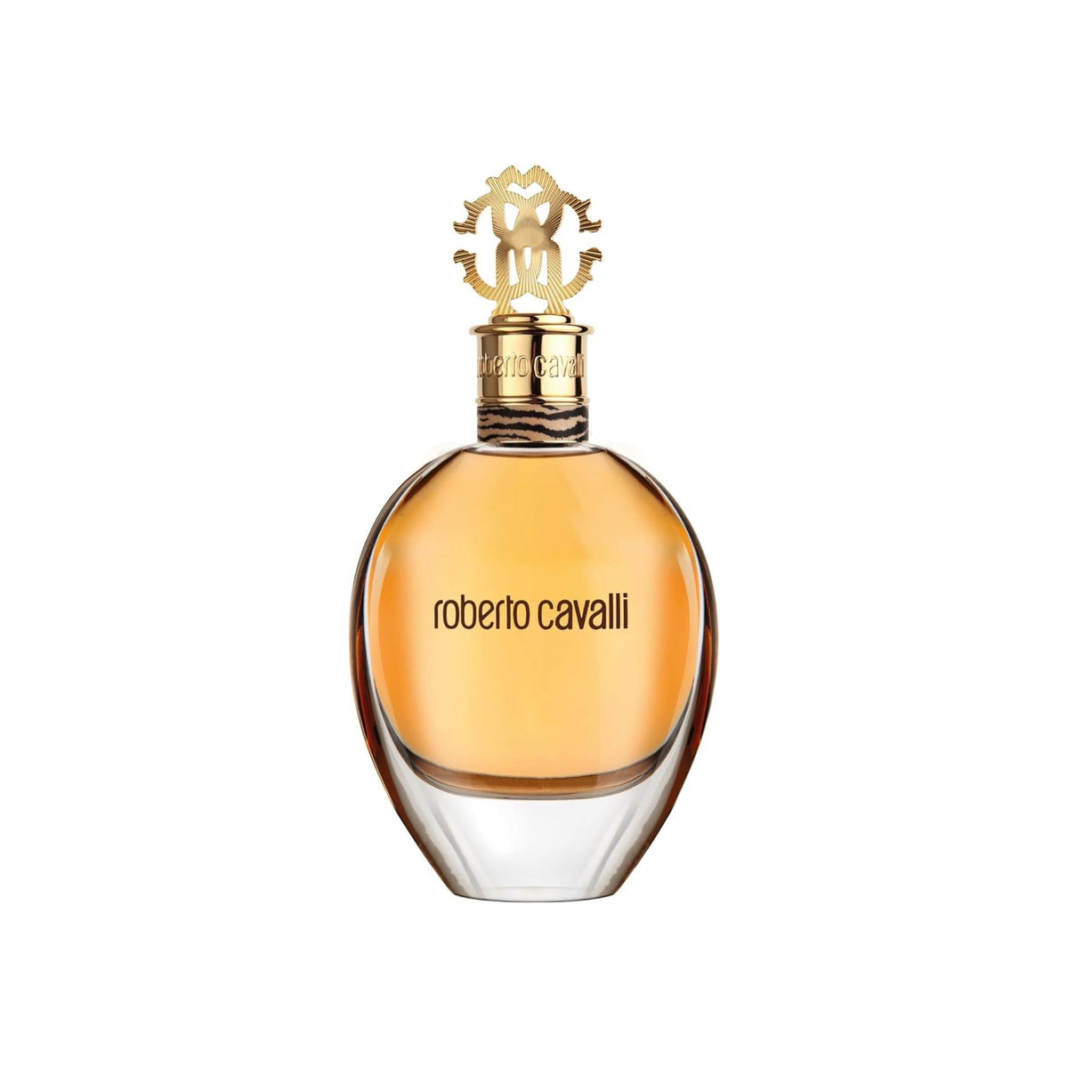 Refect Beauty Roberto Cavalli Eau de Parfum in a rounded glass bottle with a gold logo cap and amber fragrance.