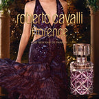 Refect Beauty Roberto Cavalli Florence Eau de Parfum bottle next to a woman in a dark sequined evening gown