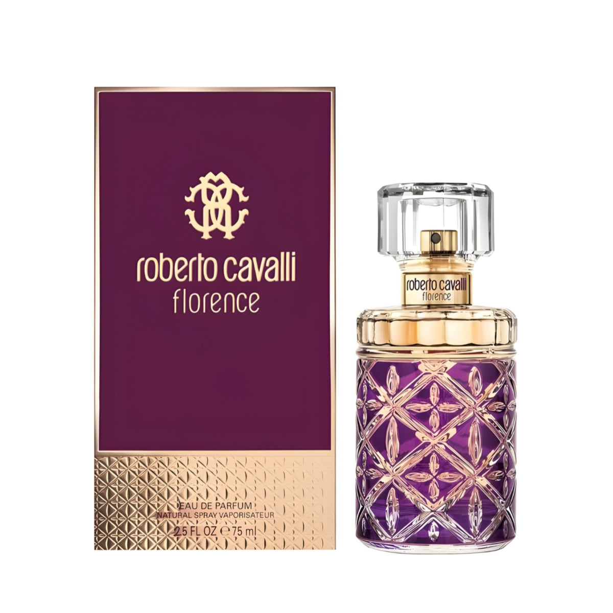 Refect Beauty Roberto Cavalli Florence Eau de Parfum bottle and purple box with gold accents and floral glass texture.