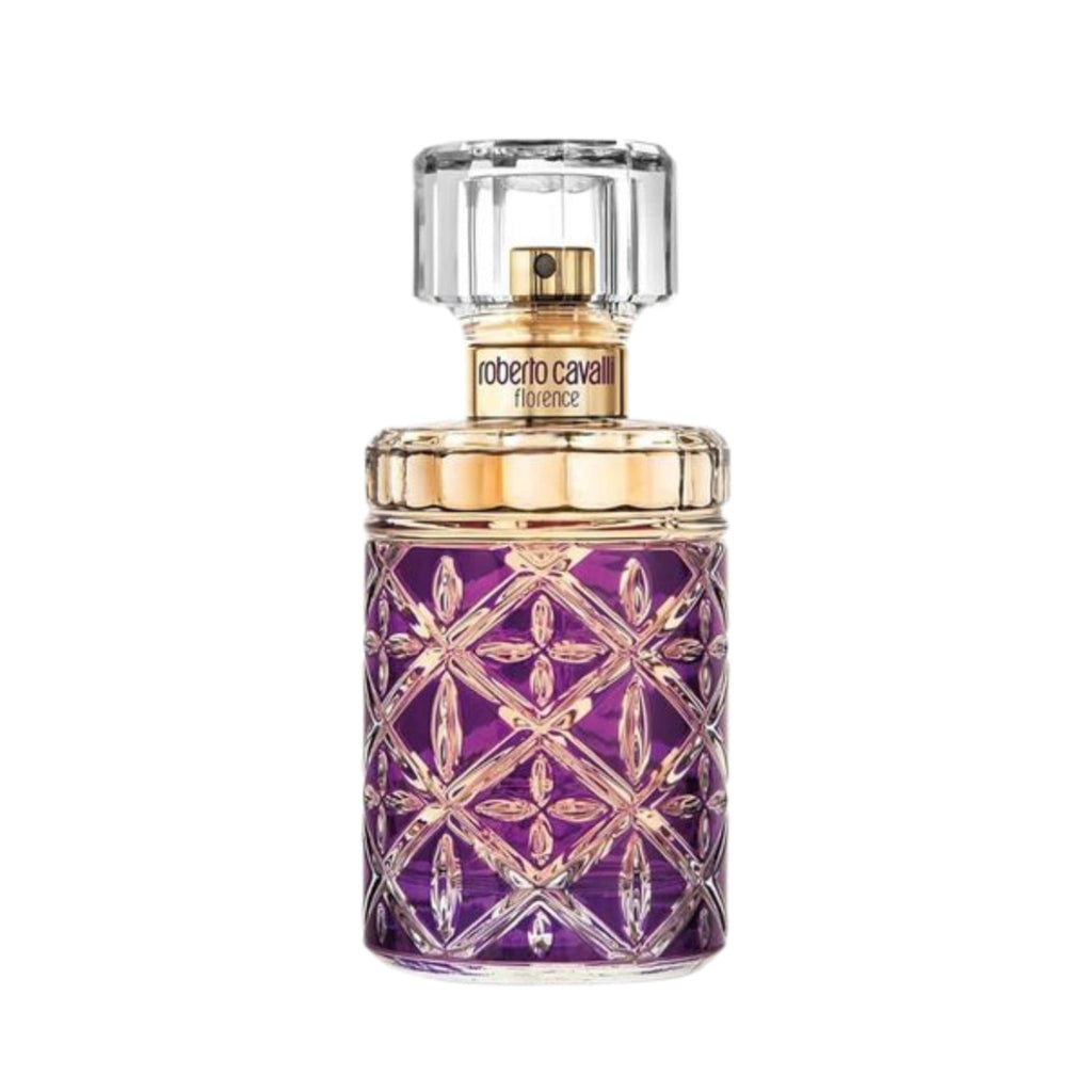 Refect Beauty Roberto Cavalli Florence Eau de Parfum in a purple glass bottle with gold accents and crystal cap