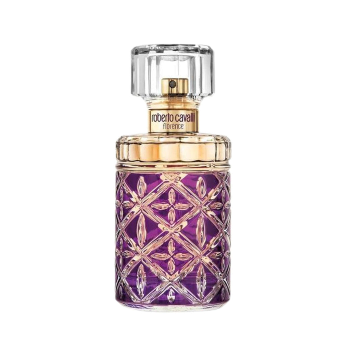Refect Beauty Roberto Cavalli Florence Eau de Parfum in a purple glass bottle with gold accents and crystal cap
