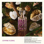 Refect Beauty Roberto Cavalli Florence Eau de Parfum bottle surrounded by golden leaves and tropical flowers