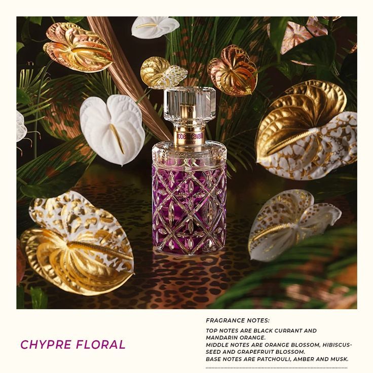 Refect Beauty Roberto Cavalli Florence Eau de Parfum bottle surrounded by golden leaves and tropical flowers