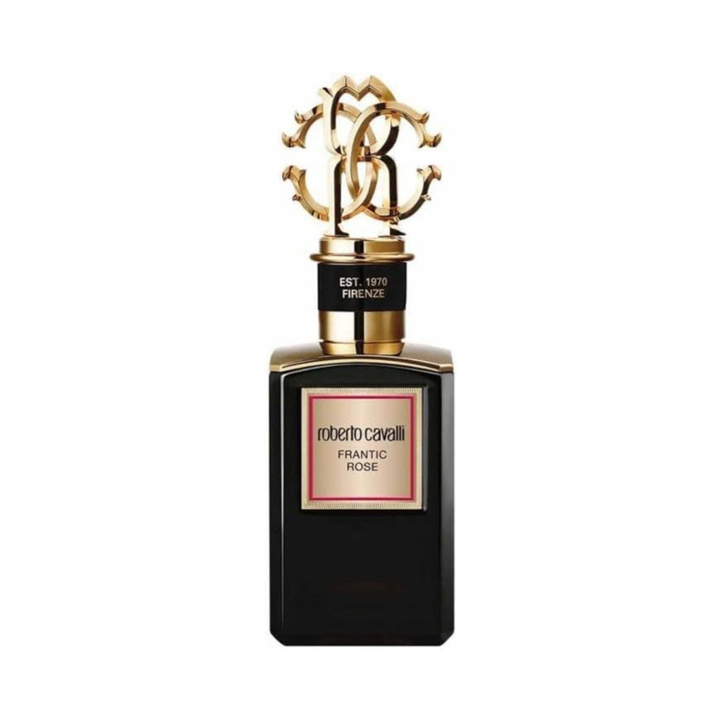 Refect Beauty Roberto Cavalli Gold Collection Frantic Rose unisex perfume in a black bottle with an ornate gold cap