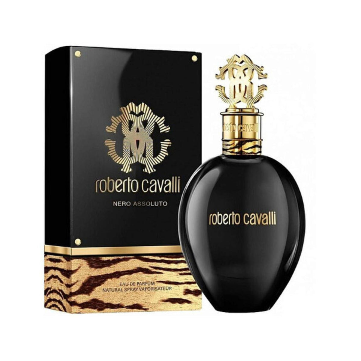 Refect Beauty Roberto Cavalli Nero Assoluto Eau de Parfum bottle and box with black and gold animal print design