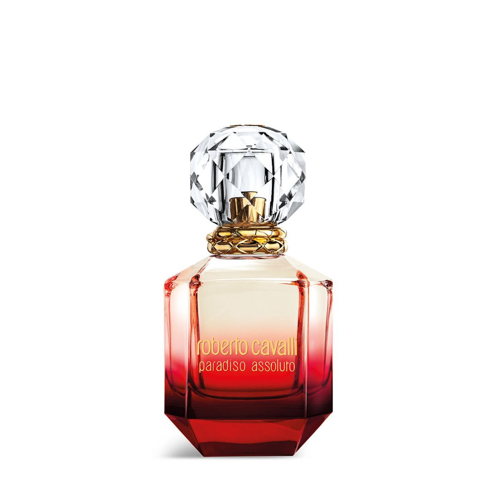 Refect Beauty Roberto Cavalli Paradiso Assoluto perfume bottle with a faceted red glass base and crystal-like cap.