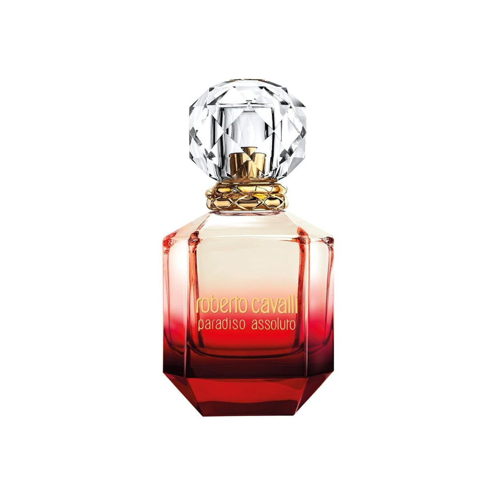 Refect Beauty Roberto Cavalli Paradiso Assoluto perfume bottle with a faceted red glass base and crystal-like cap.