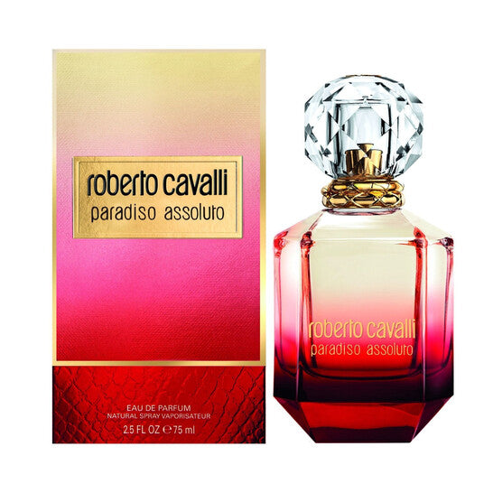 Refect Beauty Roberto Cavalli Paradiso Assoluto Eau de Parfum bottle and box with red and gold gradient design