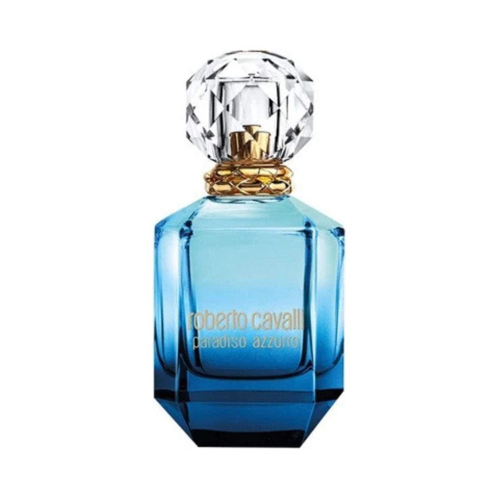 Refect Beauty Roberto Cavalli Paradiso Azzurro eau de parfum in a blue glass bottle with a faceted crystal cap.