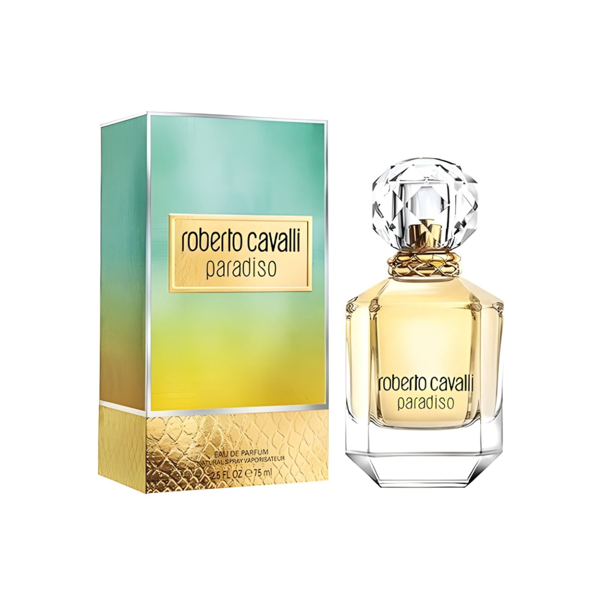 Refect Beauty Roberto Cavalli Paradiso Eau de Parfum bottle and box with a faceted crystal cap and golden liquid.