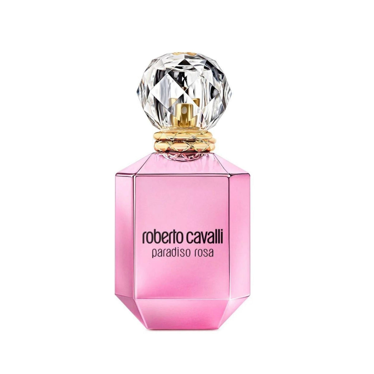 Refect Beauty Roberto Cavalli Paradiso Rosa eau de parfum in a faceted pink glass bottle with a crystal-like cap.