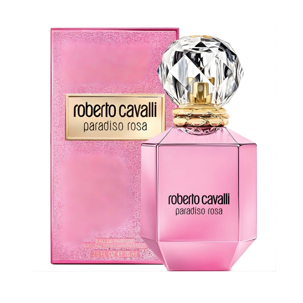 Refect Beauty Roberto Cavalli Paradiso Rosa eau de parfum in a pink faceted bottle with a crystal-like cap and box.