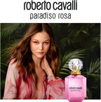 Refect Beauty campaign featuring a woman in a pink floral dress next to a Roberto Cavalli Paradiso Rosa perfume bottle