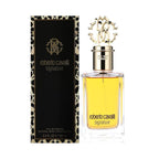 Refect Beauty Roberto Cavalli Signature Parfum bottle and leopard print box, featuring a gold cap and amber fragrance.