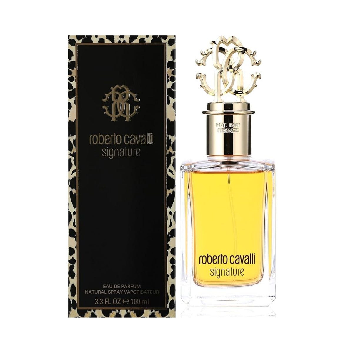 Refect Beauty Roberto Cavalli Signature Parfum bottle and leopard print box, featuring a gold cap and amber fragrance.