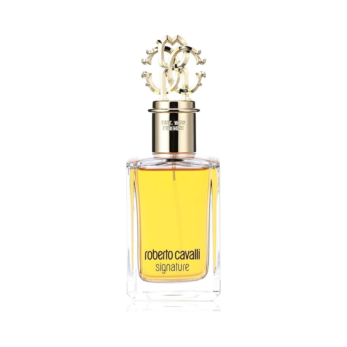 Refect Beauty Roberto Cavalli Signature Parfum in a clear glass bottle with a gold logo cap and amber fragrance.