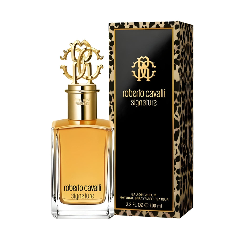 Refect Beauty Roberto Cavalli Signature Eau de Parfum bottle with gold cap next to its leopard print packaging box.