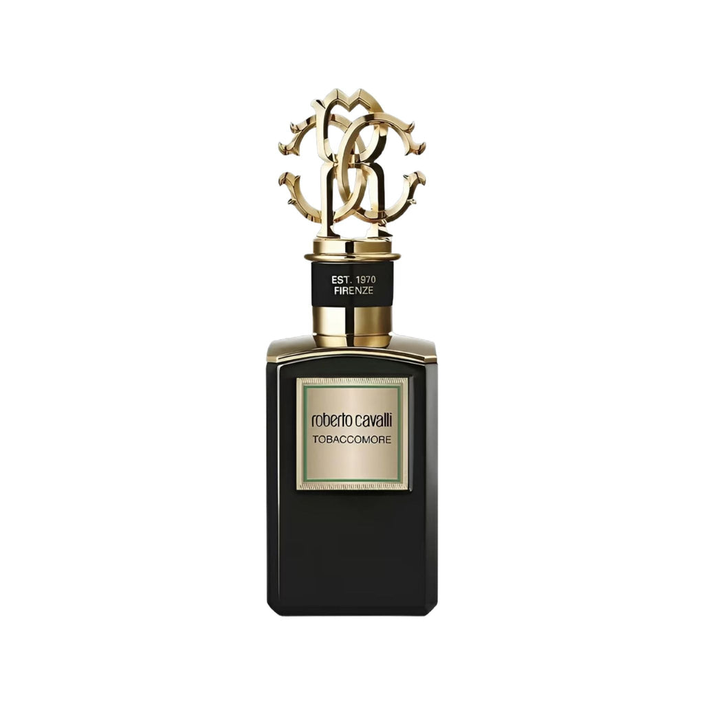 Refect Beauty Roberto Cavalli Gold Collection Tobaccomore unisex perfume in a sleek black bottle with gold cap.