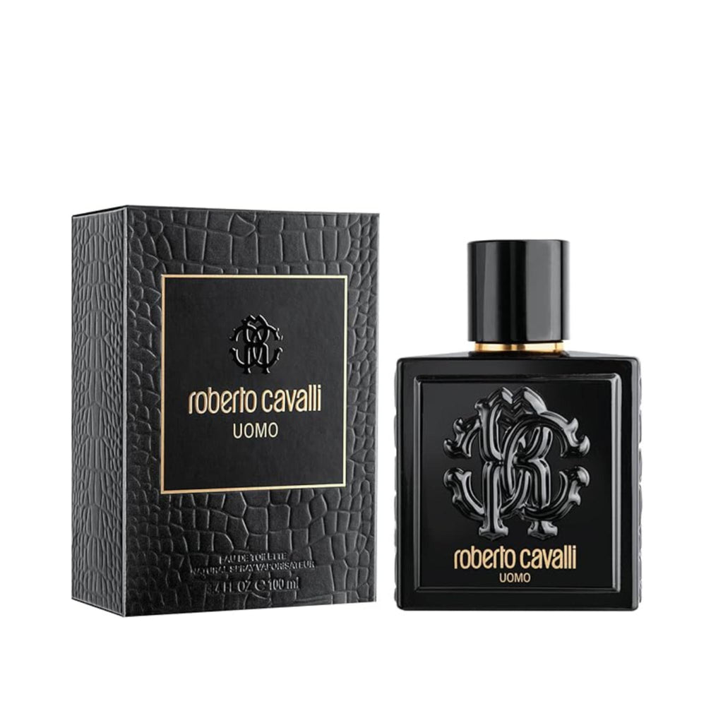 Refect Beauty Roberto Cavalli Uomo eau de toilette bottle and textured black box with gold logo detailing