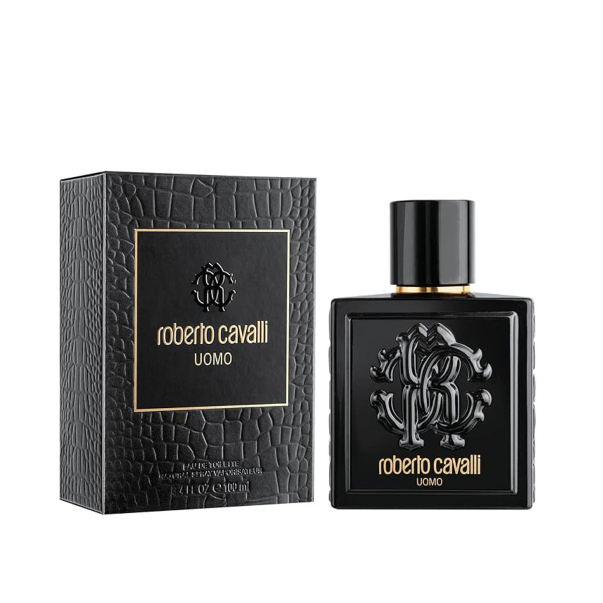 Refect Beauty Roberto Cavalli Uomo eau de toilette bottle and textured black box with gold logo detailing