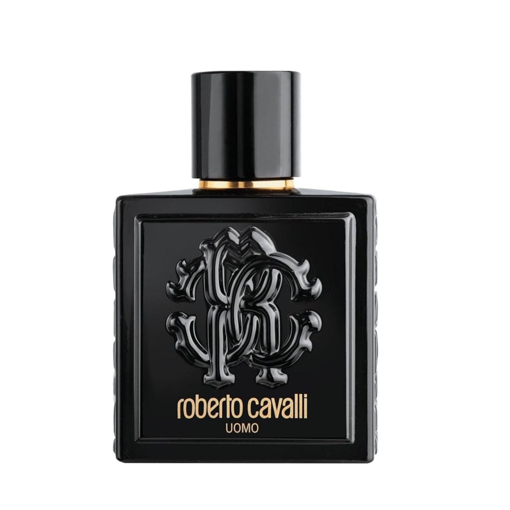 Refect Beauty Roberto Cavalli Uomo eau de toilette in a sleek black glass bottle with embossed logo and gold accents.