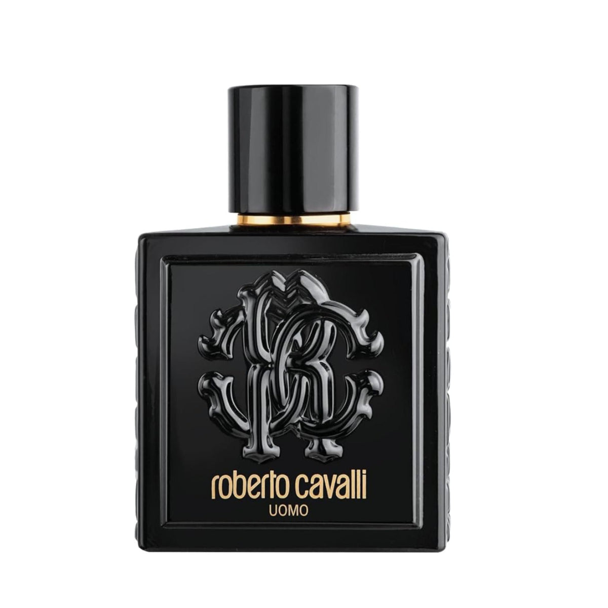 Refect Beauty Roberto Cavalli Uomo eau de toilette in a sleek black glass bottle with embossed logo and gold accents.