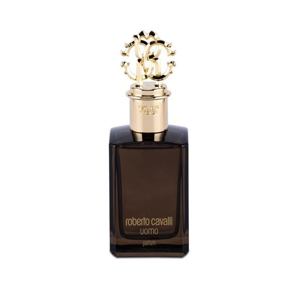Refect Beauty Roberto Cavalli Uomo Parfum in a dark glass bottle with a gold logo cap for a sophisticated masculine scent.