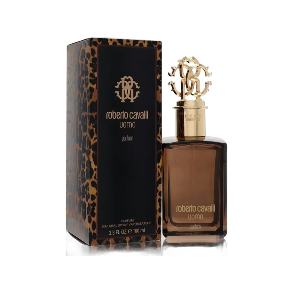Refect Beauty Roberto Cavalli Uomo Parfum bottle and leopard print box, a woody oriental fragrance for men.