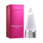Refect Beauty Rochas Man Eau de Toilette perfume bottle and pink box, featuring a modern cone-shaped design.