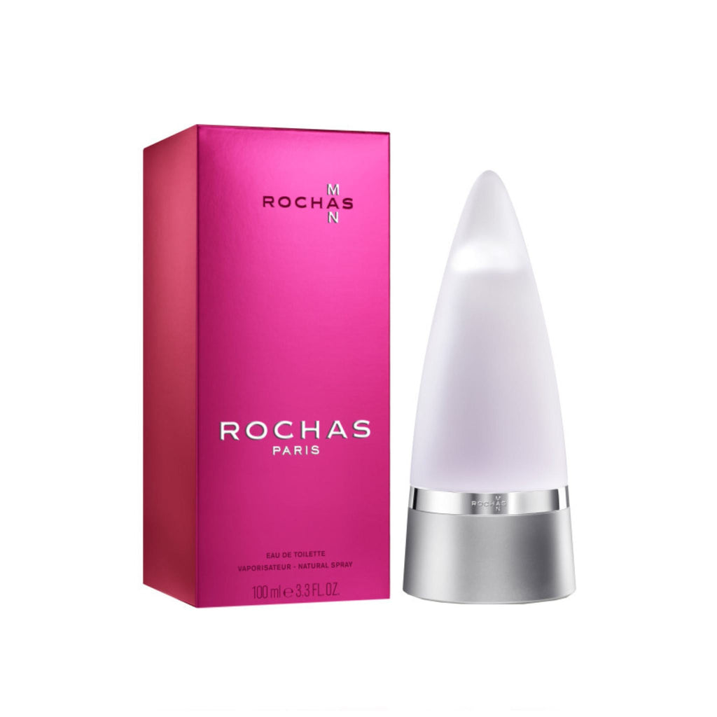 Refect Beauty Rochas Man Eau de Toilette in a vibrant pink box next to a unique cone-shaped glass perfume bottle.