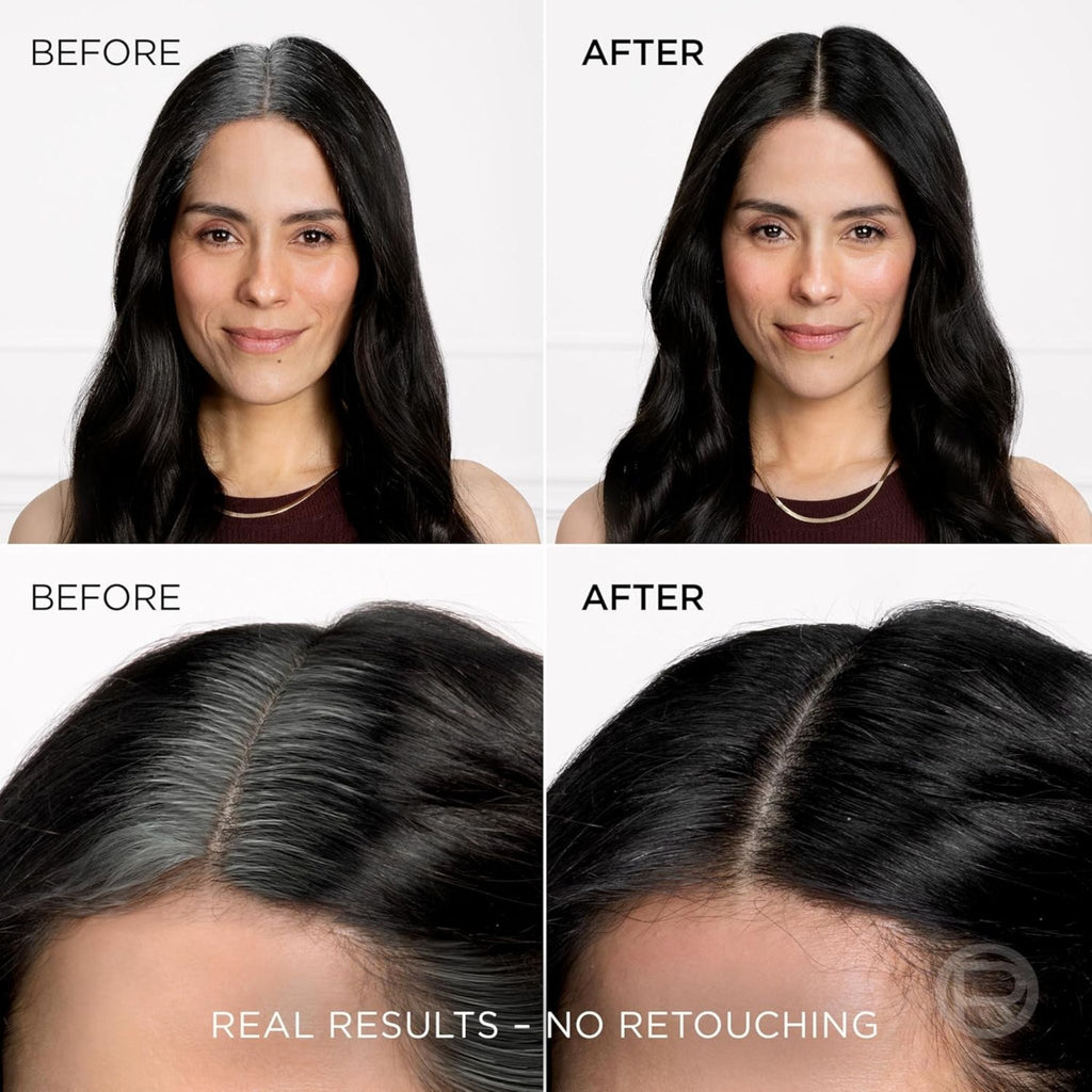 Refect Beauty L’Oréal Paris Magic Retouch spray showing before and after results on dark hair roots