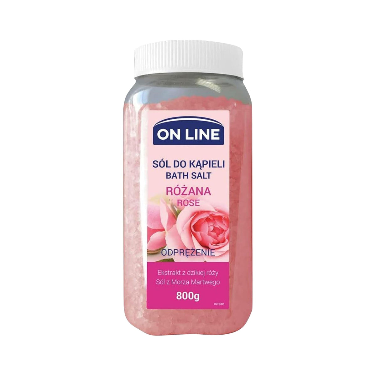 Refect Beauty On Line rose bath salt in a clear 800g plastic jar with a white lid for a relaxing home spa experience.