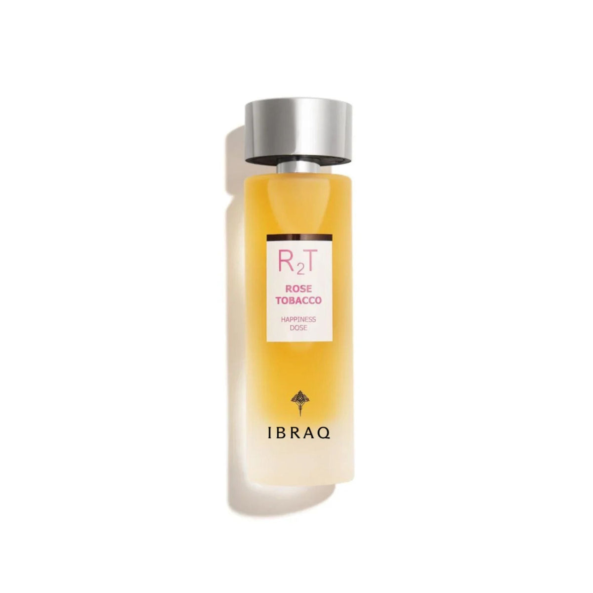 Refect Beauty Ibrahim Al Qurashi Happiness Dose Rose Tobacco perfume bottle with amber liquid and silver cap