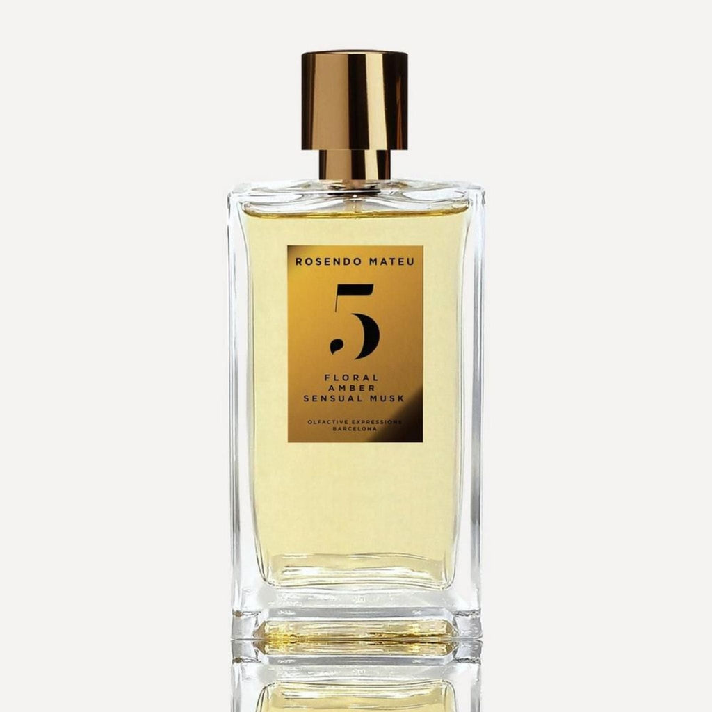 Refect Beauty Rosendo Mateu No. 5 Floral Amber unisex perfume in a clear glass bottle with a gold cap and label.