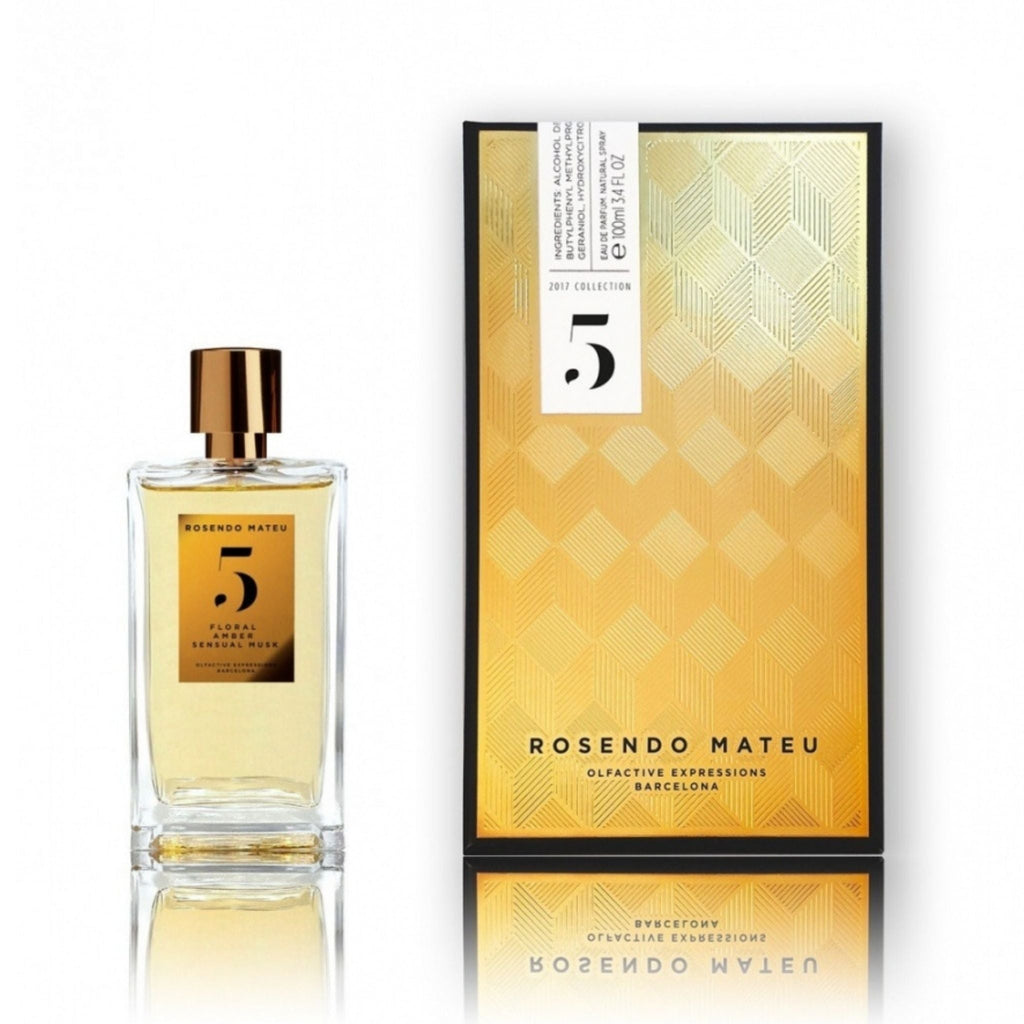 Refect Beauty Rosendo Mateu No. 5 Floral Amber perfume bottle and gold textured box packaging