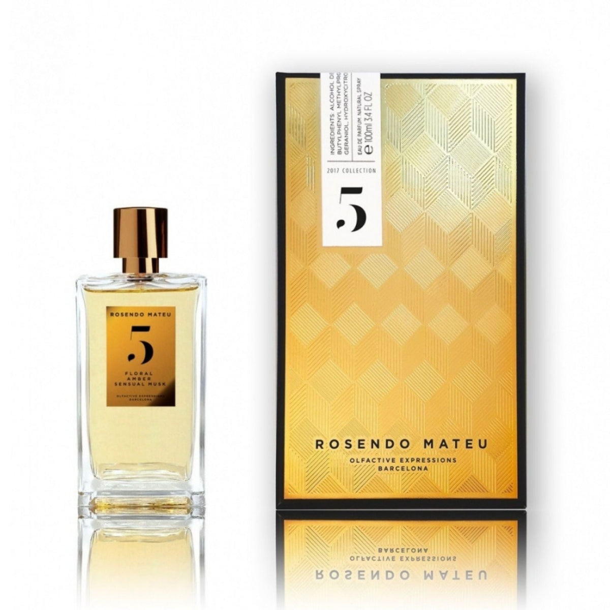 Refect Beauty Rosendo Mateu No. 5 Floral Amber perfume bottle and gold textured box packaging