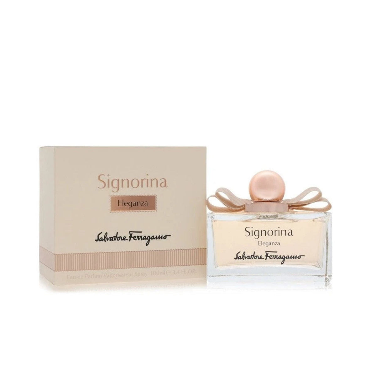 Refect Beauty Salvatore Ferragamo Signorina Eleganza Eau de Parfum bottle and box with a signature bow cap